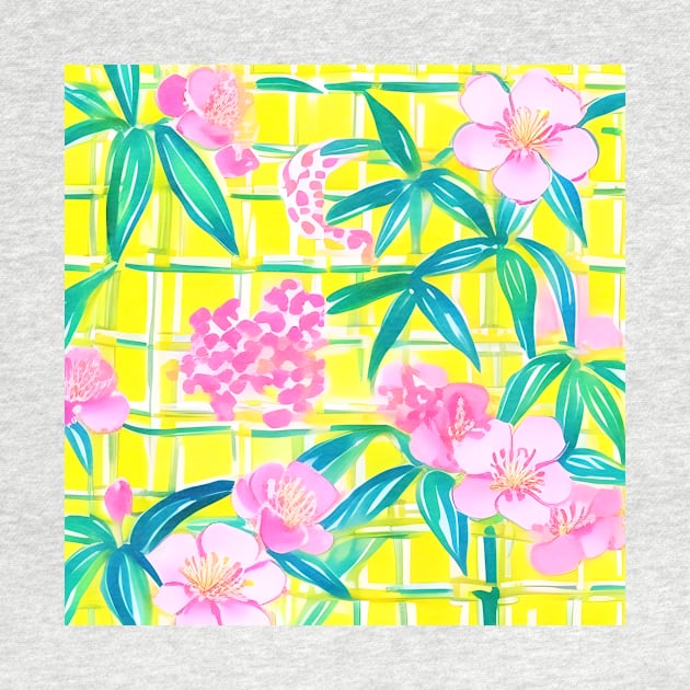 Preppy pink flowers and green leaves on yellow by SophieClimaArt